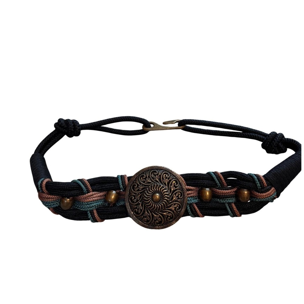 70s Vintage Braided Cord Belt Womens Black Leather Shop Ornate Medallion Hook